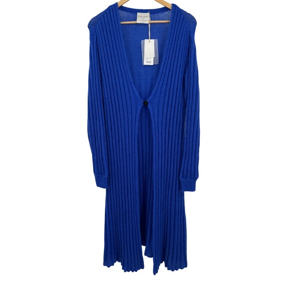 forte_forte Cardigan Womens II Medium Mohair Blend Long Ribbed Coat‎ Blue Italy